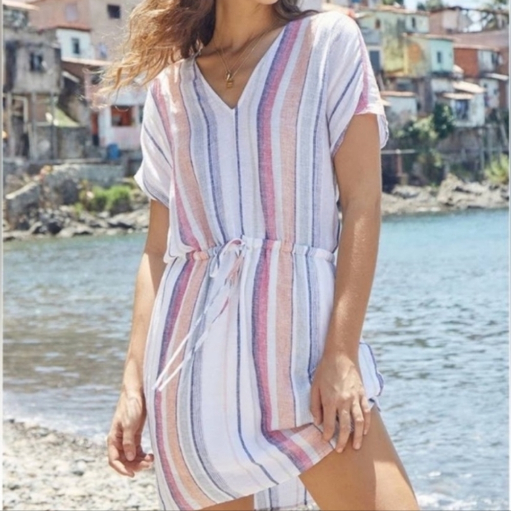 RAILS Wren Marrakesh Stripe Linen V Neck Drawstring Waist POCKETS Coastal Small